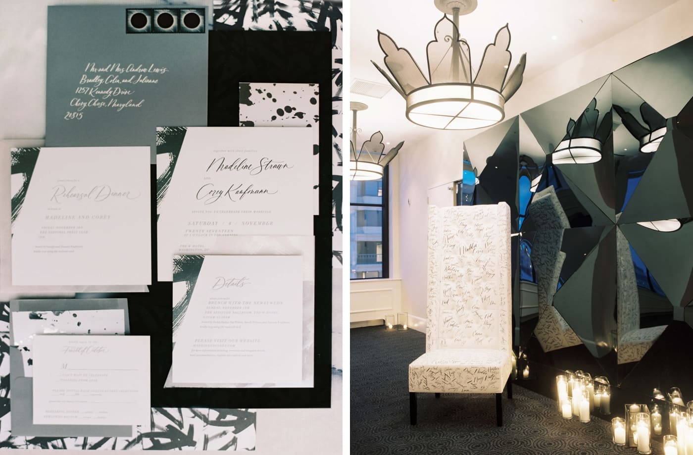 Details of black and white wedding invitations for a Washington DC wedding