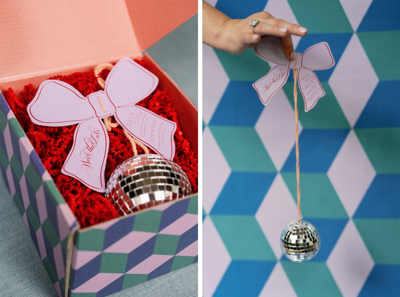 A disco ball in a colorful box with a pink paper bow which says the time and place of a wedding