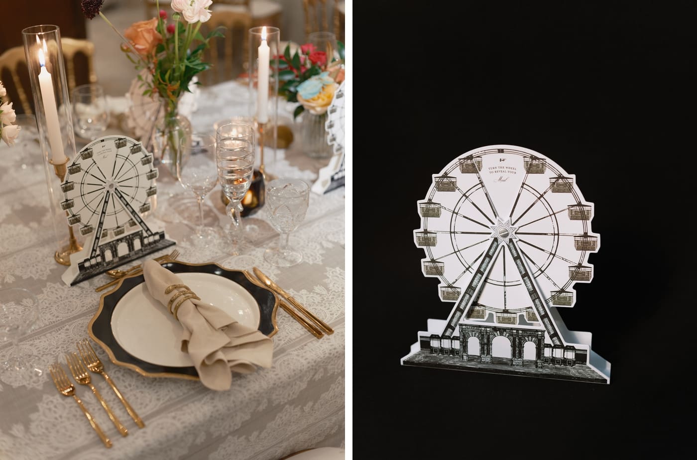 A 3-D paper Ferris wheel menu at a place setting at a wedding