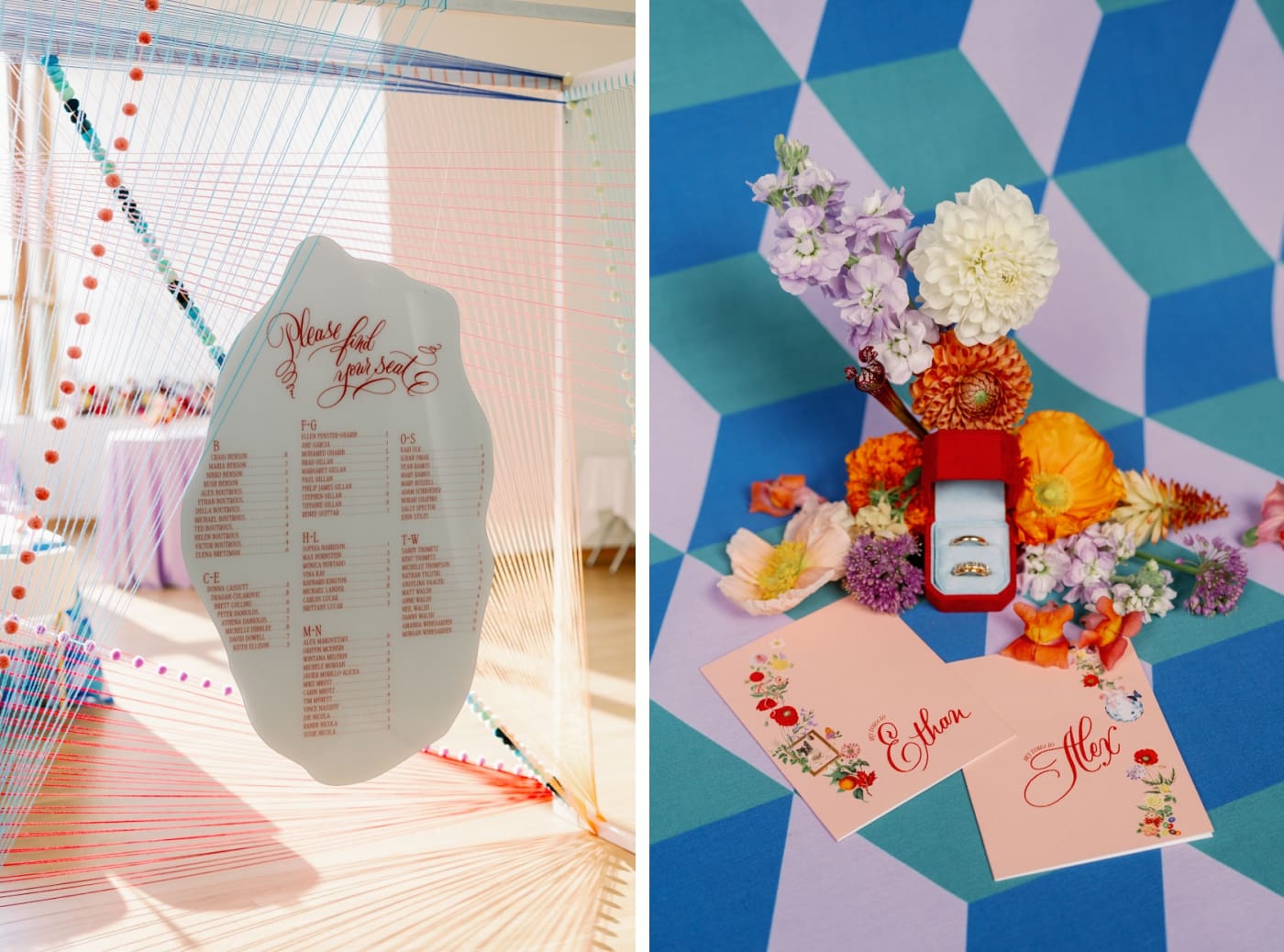 Personalized vow booklets made of pink cardstock sitting with a red ringbox on a blue, green, and purple backdrop