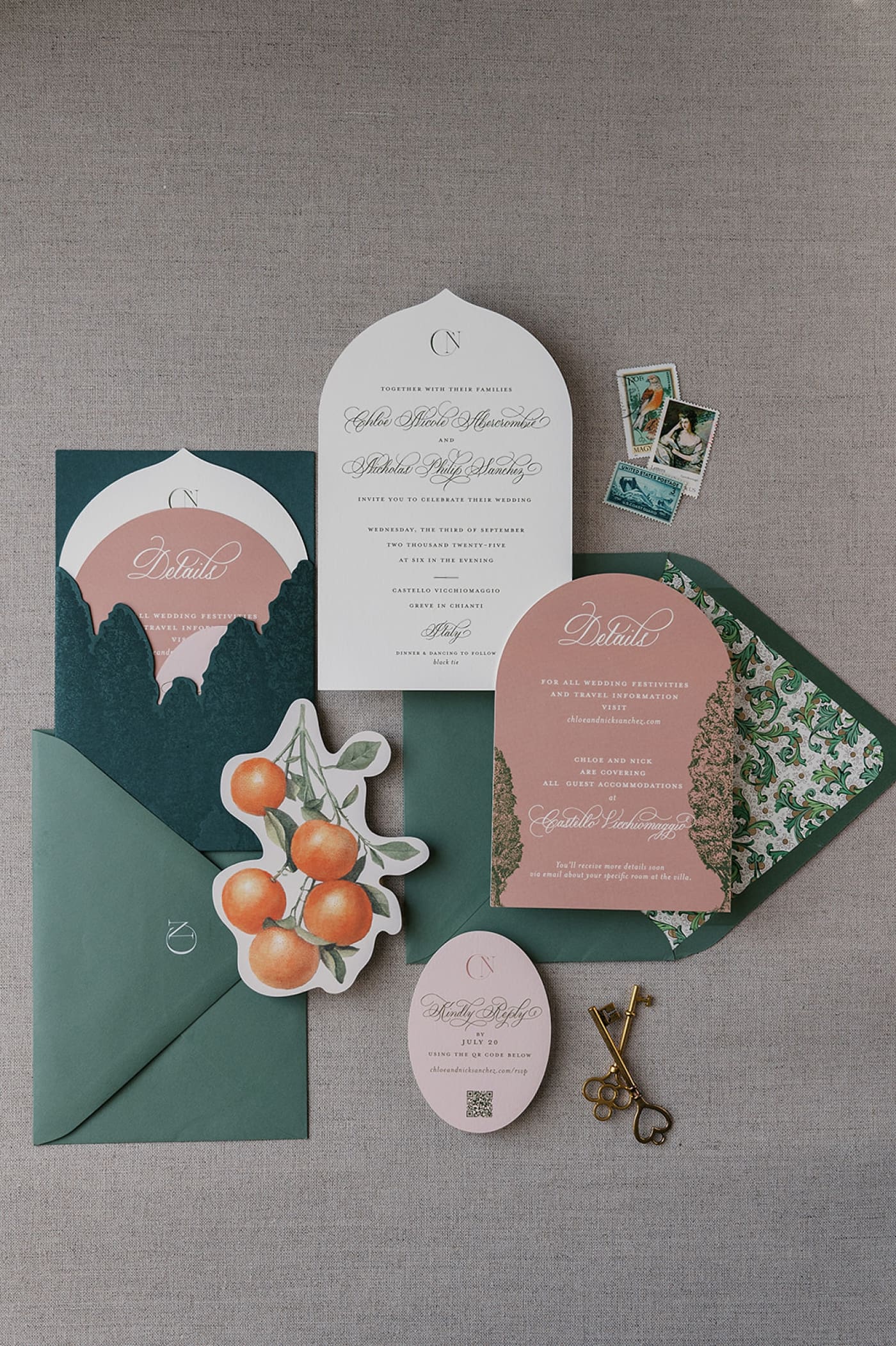 Sage green wedding invitations with a pocket hodling arched wedding invitations