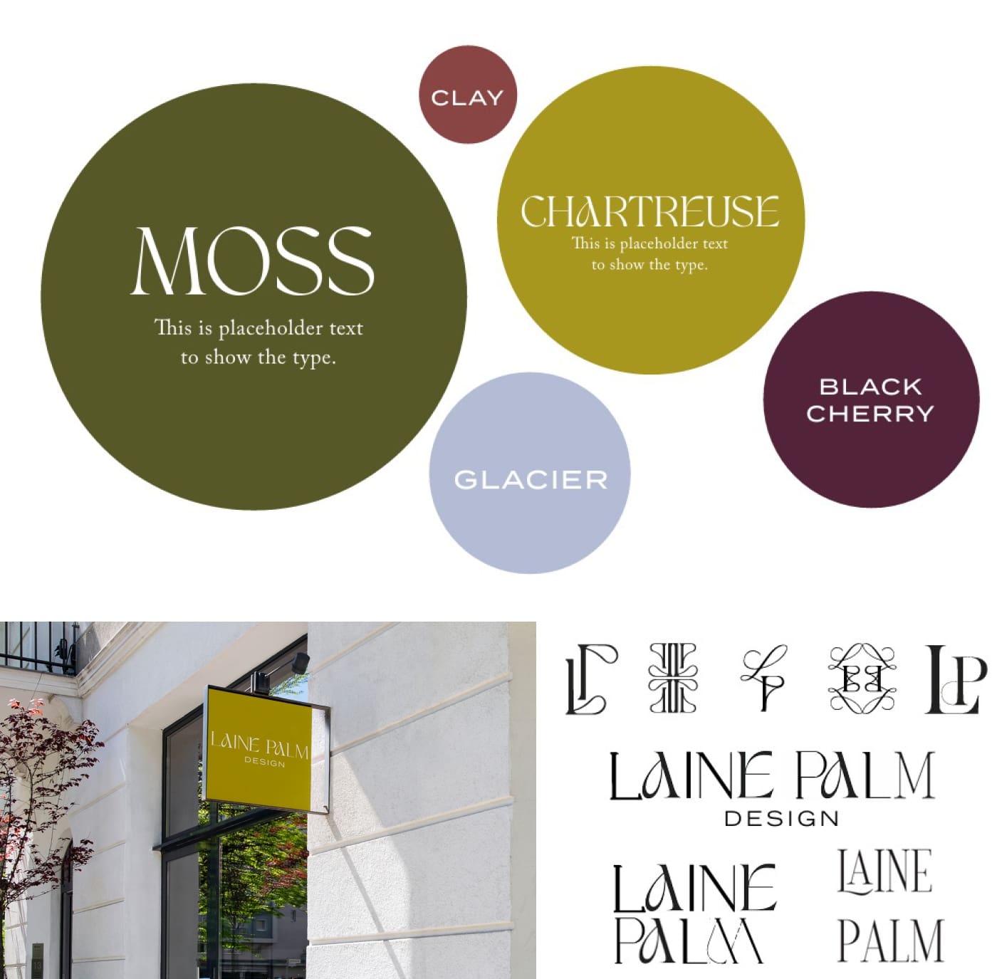 A color palette presentation of moss green, chartreuse, black cherry, clay red, and glacier blue